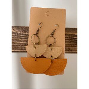 NWT Handmade Leather Half-Moon Dangle Earrings – Tan Boho, Brass Hooks